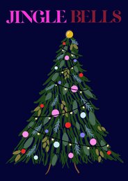 Festive Christmas tree with colorful ornaments and lights. Jingle bells text in stylized lettering. Includes additional holiday-themed images.