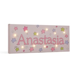 Multicolored LED light canvas with stars and the name "Anastasia" for a kids' room night light.

The product is a multicolored LED light canvas featuring stars and the name "Anastasia" in a kids' room night light design. The canvas has a variety of pastel-colored stars and the name "Anastasia" prominently displayed. This product would be suitable for a child's bedroom or nursery, providing a soft, ambient lighting effect.