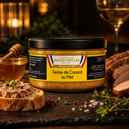 "Duck terrine with honey, golden orange pâté, black lid jar, gourmet French delicacy"