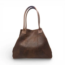 Large brown leather tote bag with textured snake-skin pattern and dual handles.