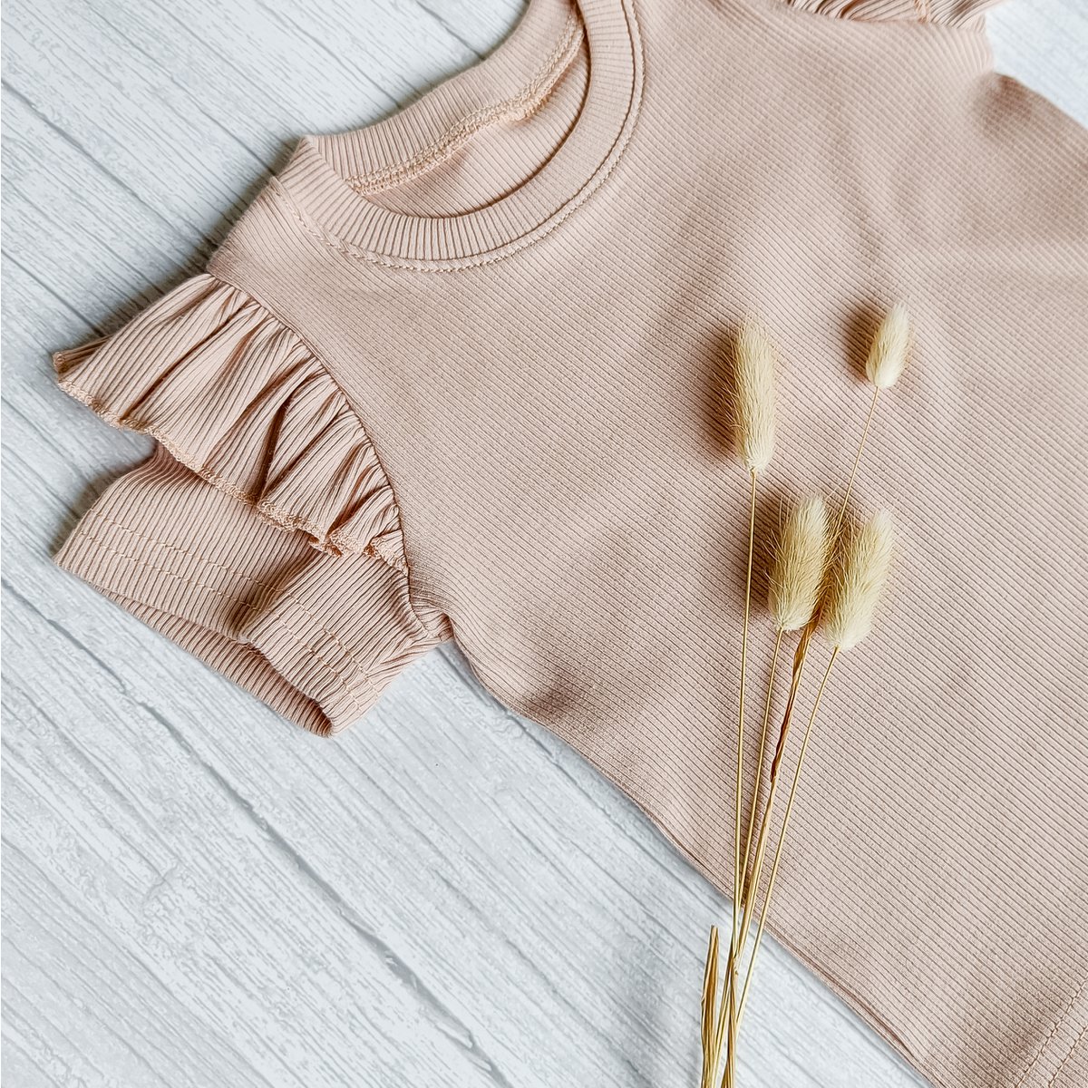 T-Shirt Volants Jersey Côtelé Rose Nude