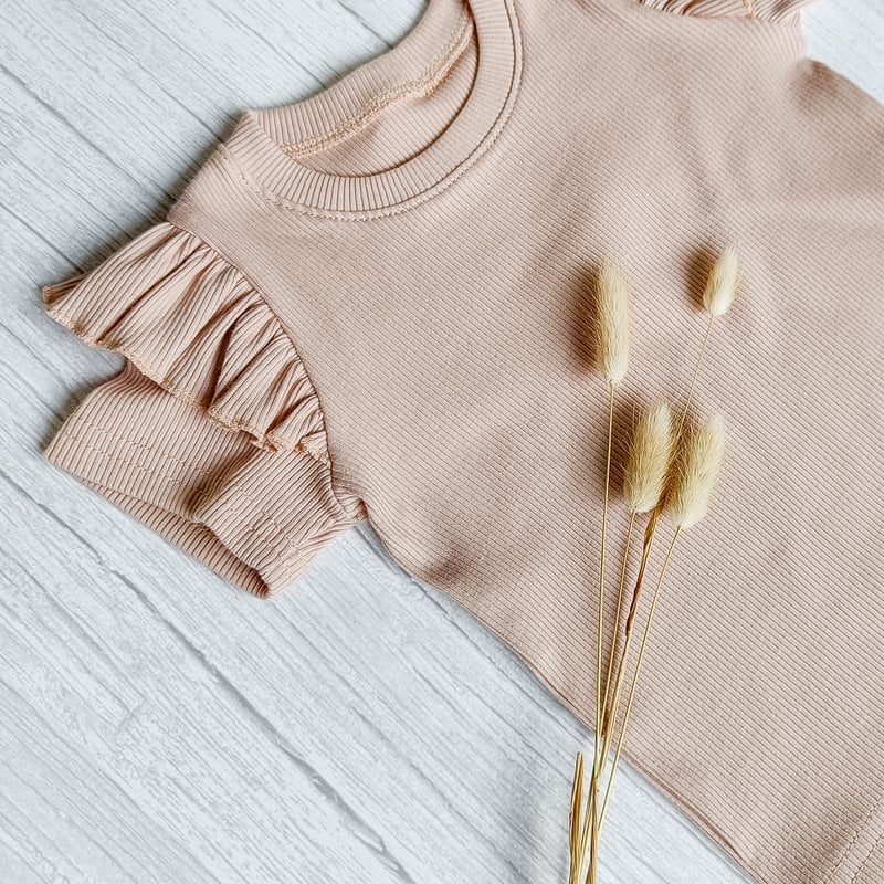 T-Shirt Volants Jersey Côtelé Rose Nude