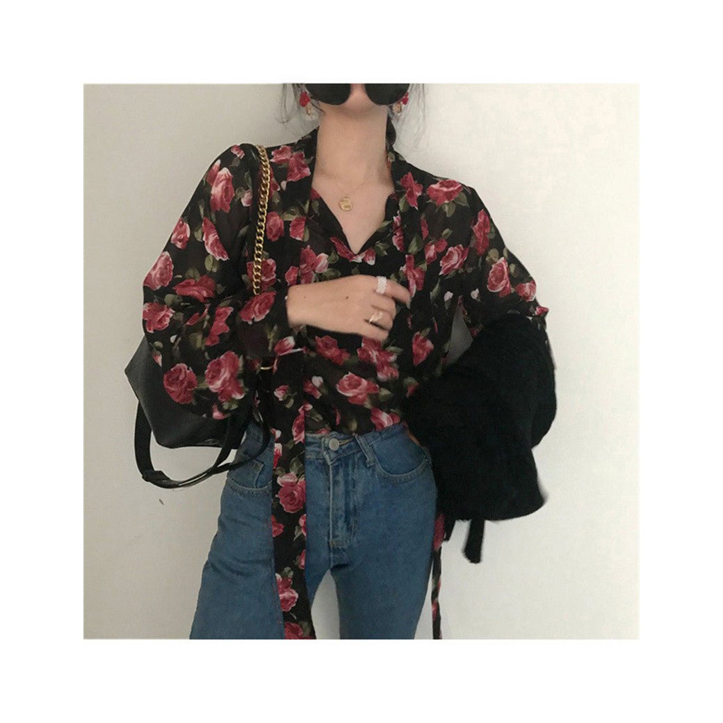 Dames Retro Bloemen Chique Chiffon Lente Herfst Mode Vetersluiting Ontwerp Zachte Vrouwelijke Shirts Top Ins