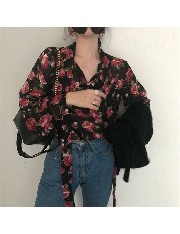 Dames Retro Bloemen Chique Chiffon Lente Herfst Mode Vetersluiting Ontwerp Zachte Vrouwelijke Shirts Top Ins