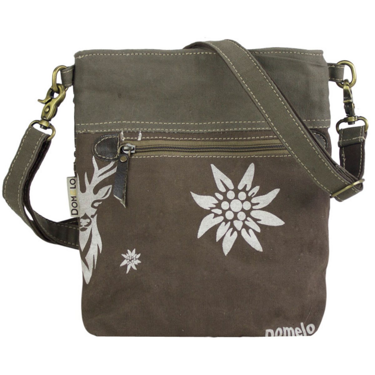 Domelo traditional bag. Women's shoulder bag. Dirndl shoulder bag made of canvas and leather. Handbag in traditional style with deer edelweiss print. Crossbody bag for women as Oktoberfest accessories.
