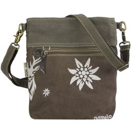 Domelo traditional bag. Women's shoulder bag. Dirndl shoulder bag made of canvas and leather. Handbag in traditional style with deer edelweiss print. Crossbody bag for women as Oktoberfest accessories.