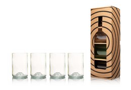 Set of 4 clear glass tumblers in a wooden gift box.