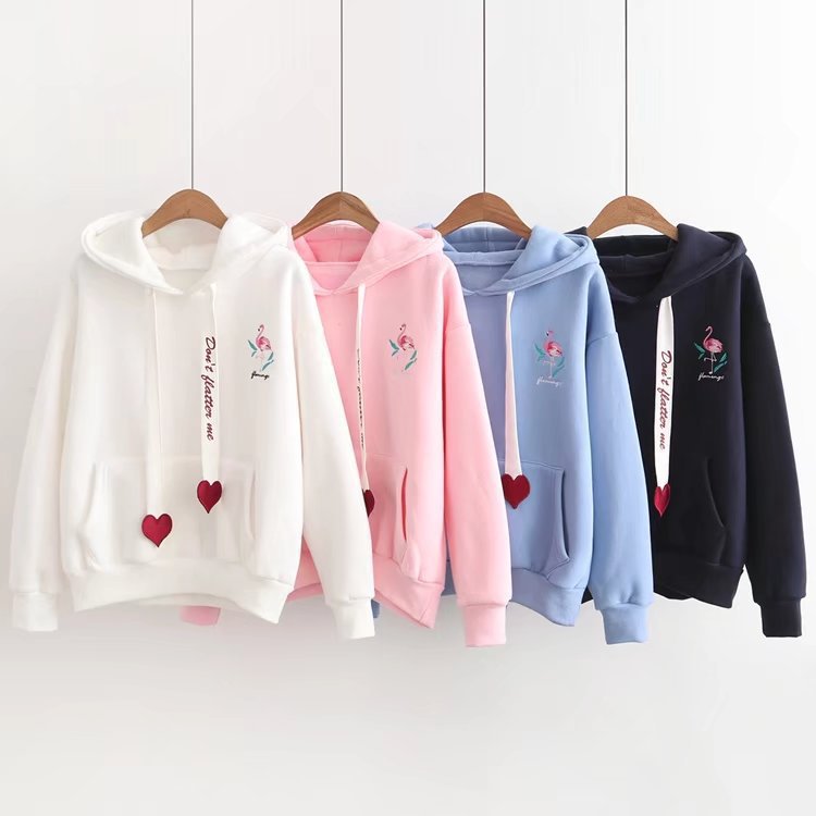 Bedrukt en fluwelen sweatshirt met capuchon en Flamingo Love