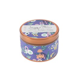 Periwinkle floral scented candle in a round tin container with a colorful floral design.