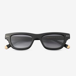 Black rectangular sunglasses with gold accents, designed for a special anniversary model.