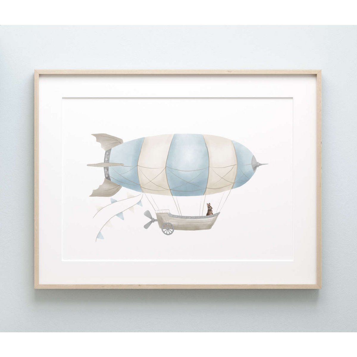 Zeppelin print, zeppelin poster, airship poster, hot air balloon print, hot air balloon poster, blue boys room poster, woodland print, bunny print, boys nursery art print, boys room, landscape print