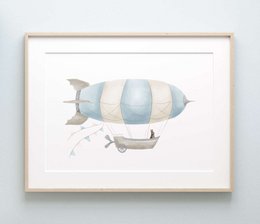 Zeppelin print, zeppelin poster, airship poster, hot air balloon print, hot air balloon poster, blue boys room poster, woodland print, bunny print, boys nursery art print, boys room, landscape print