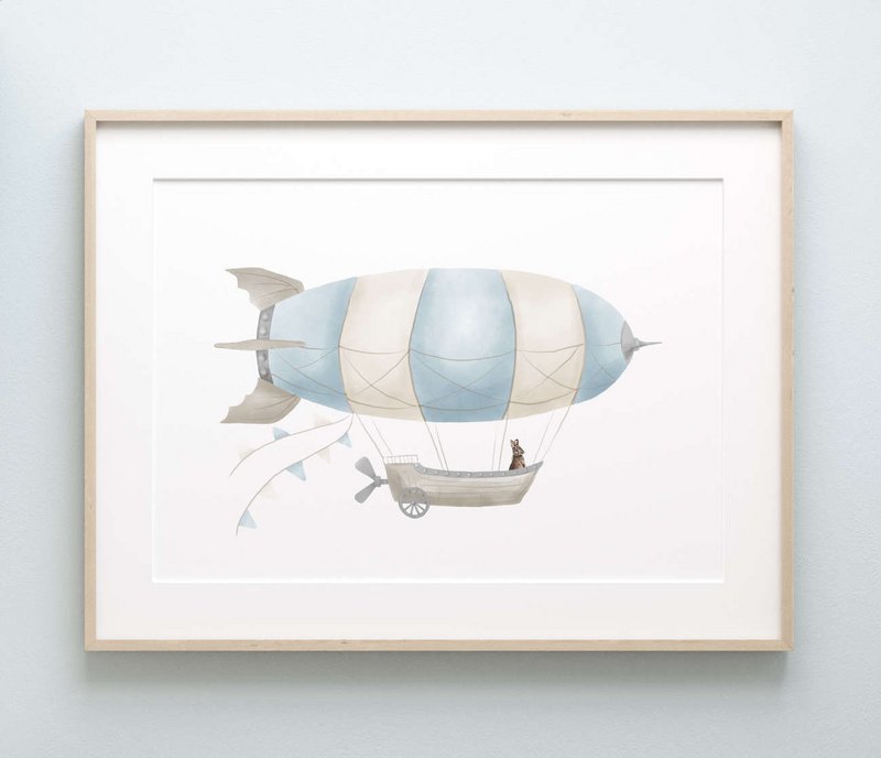 Zeppelin print, zeppelin poster, airship poster, hot air balloon print, hot air balloon poster, blue boys room poster, woodland print, bunny print, boys nursery art print, boys room, landscape print