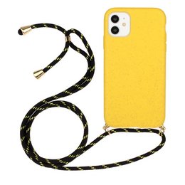 Yellow smartphone case with black braided cord for iPhone 11. Made of natural wheat straw, an environmentally friendly and sustainable material.