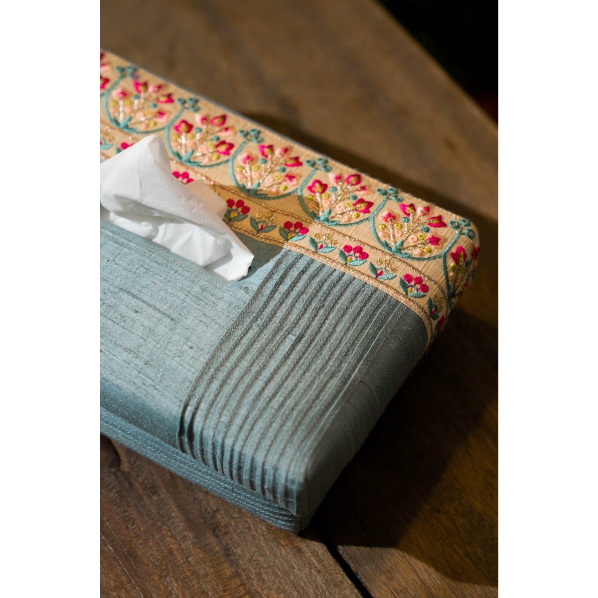Tissue Box Cover | Dupion Silk Floral Embroidery | 24x14cm
