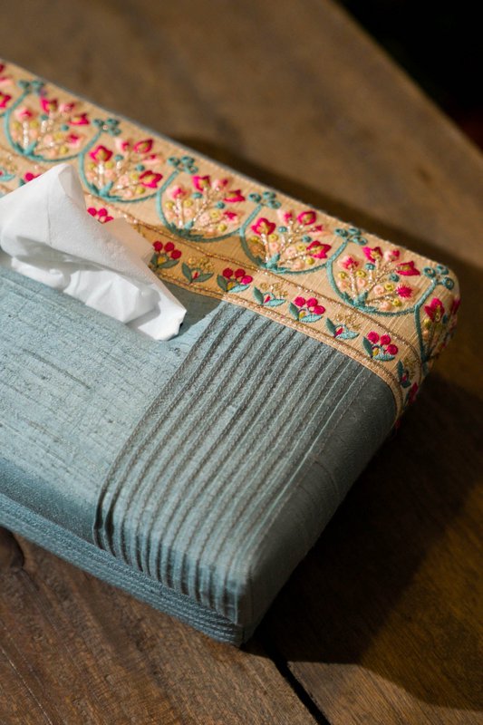 Tissue Box Cover | Dupion Silk Floral Embroidery | 24x14cm