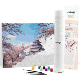 Vibrant painting of the Sakura Temple surrounded by blooming cherry blossoms against a clear blue sky. Includes paint supplies for a DIY paint by numbers kit.