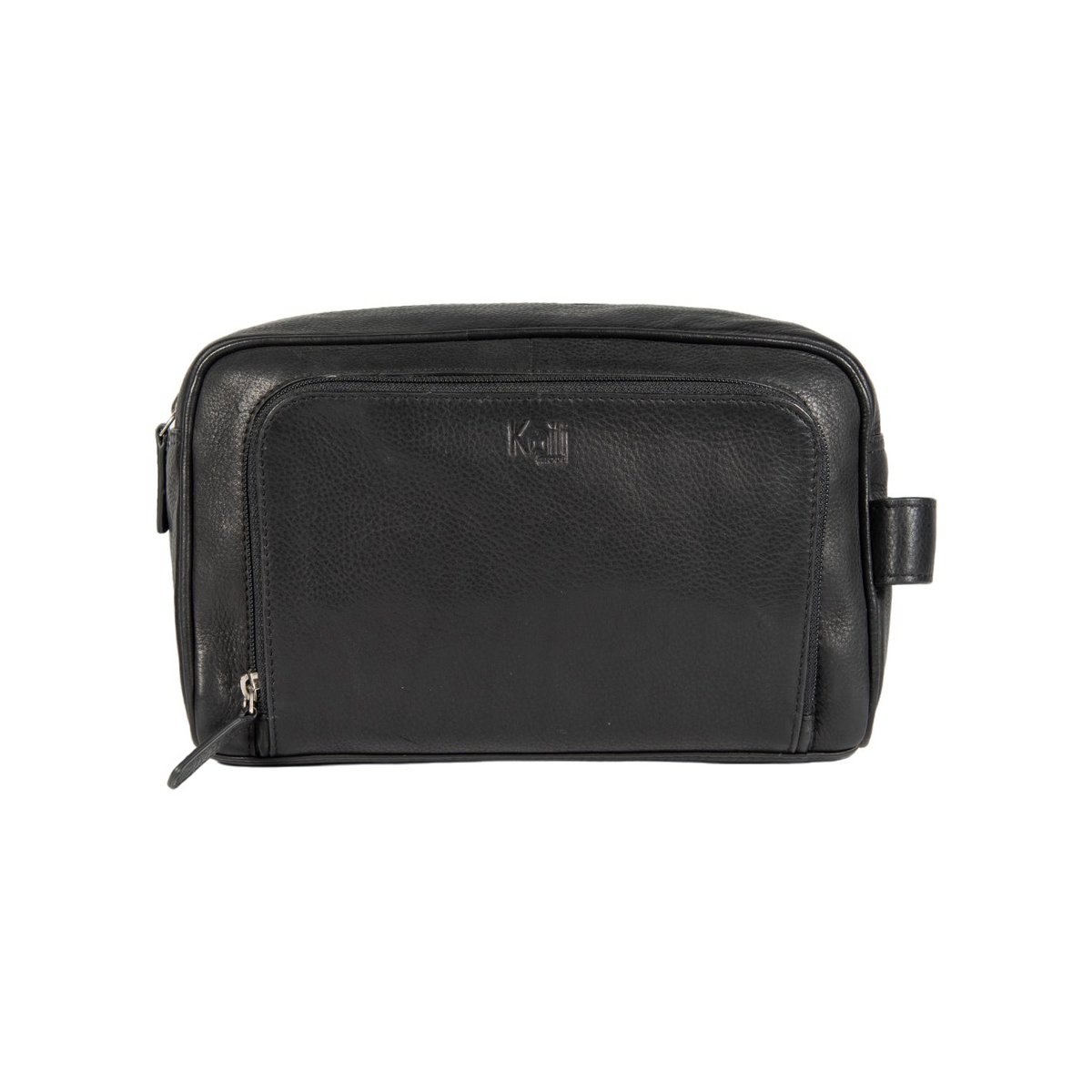 K0025AB | Beauty Case med sidehåndtag i ægte fuldnarvet læder med let narvning – Sort farve Lynlås, Mål: 25 x 16 x 12 cm Emballage: Tnt taske