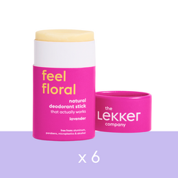 A pack of 6 deodorant sticks with a floral scent.