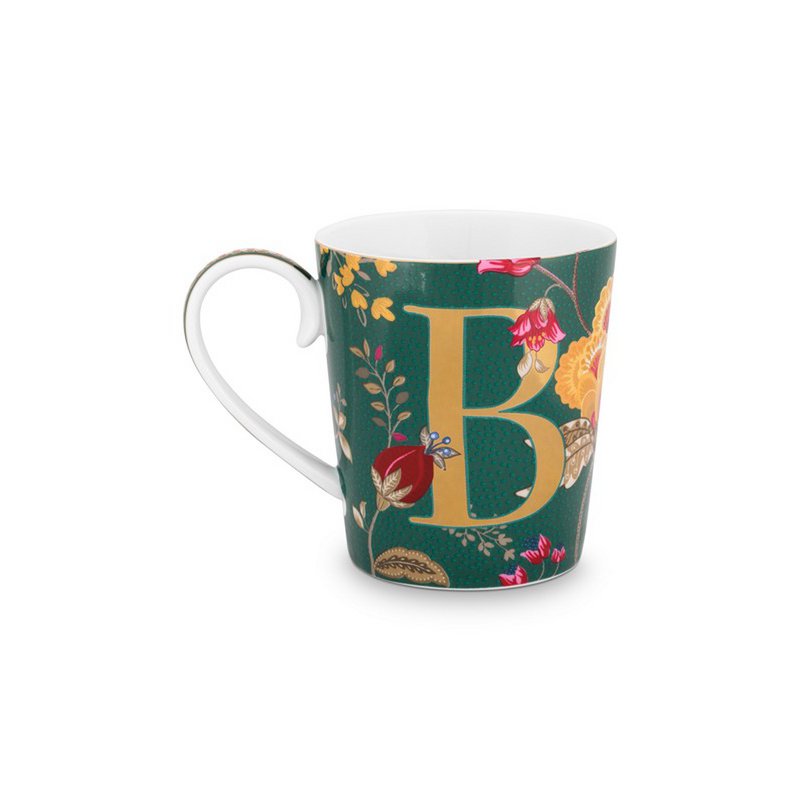 Grüner Becher mit Fantasie-Blumenalphabet - H - 350 ml