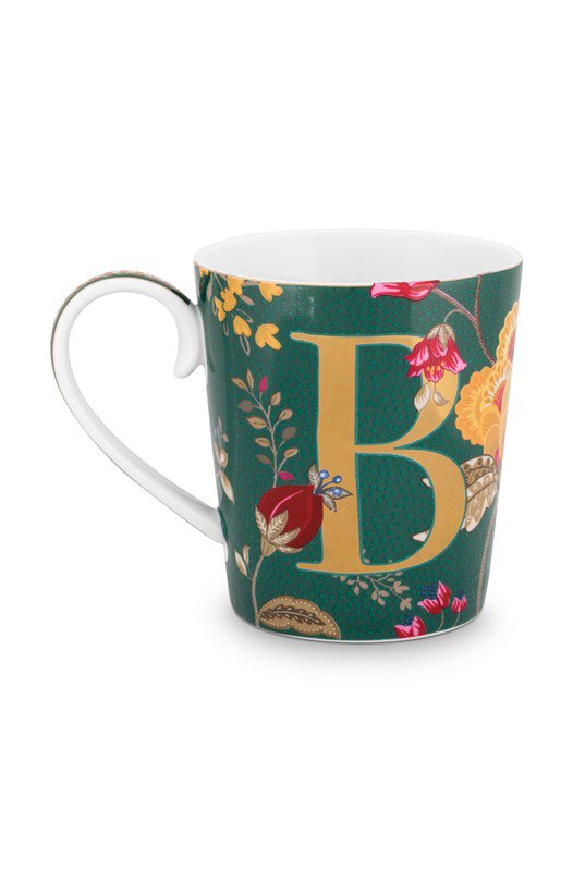 Grüner Becher mit Fantasie-Blumenalphabet - H - 350 ml
