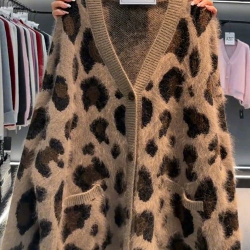 Leopard print tyk varm frakke Løs doven strikket cardigan sweater
