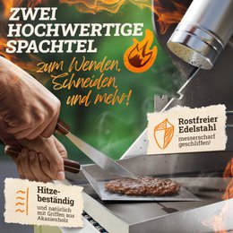 Burger Smasher & grill spatula set [4-pc.] Stainless steel with acacia wood handle for Plancha, grill plate, gas grille & fire plate