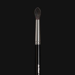 Silver makeup brush with a long, round handle.