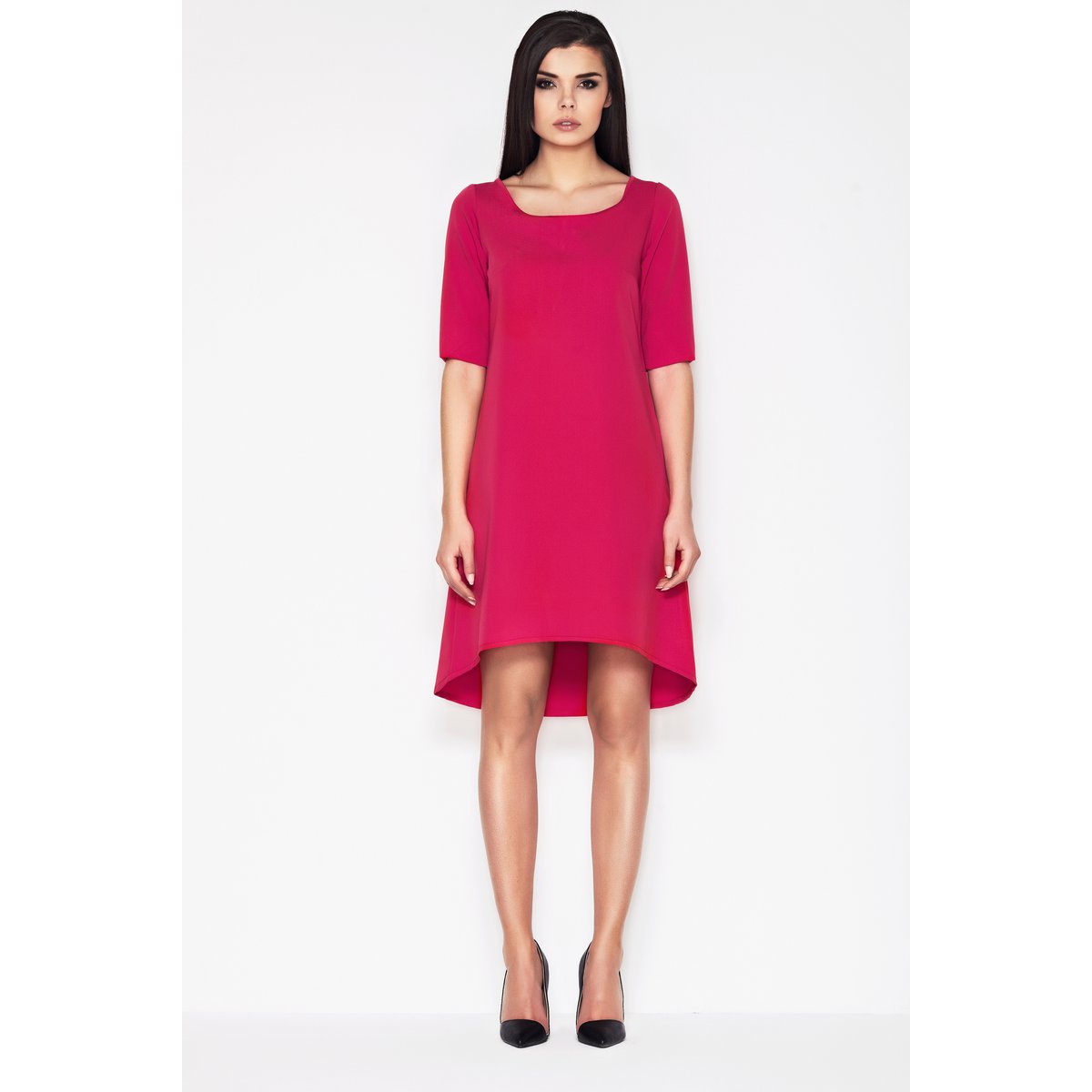 Asymmetrische trapezejurk met korte mouwen, fuchsia