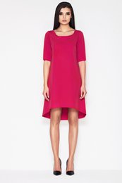 Asymmetrische trapezejurk met korte mouwen, fuchsia