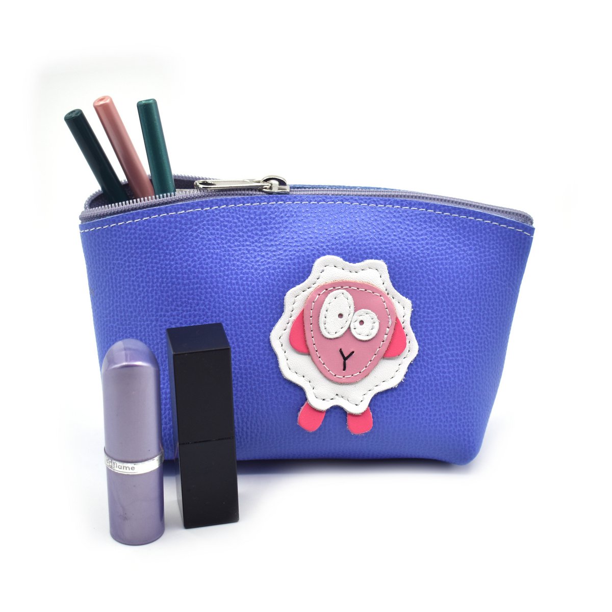 Handmade Full Grain Leather Makeup Bag With Cute Sheep