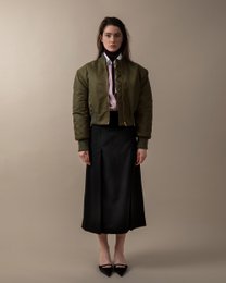  Olive green bomber jacket with gathered details, suitable for women's puffer category.
