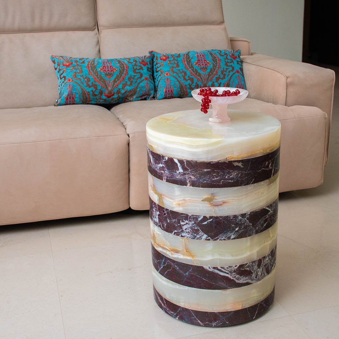 Table Basse Marbre Rouge et Onyx Blanc