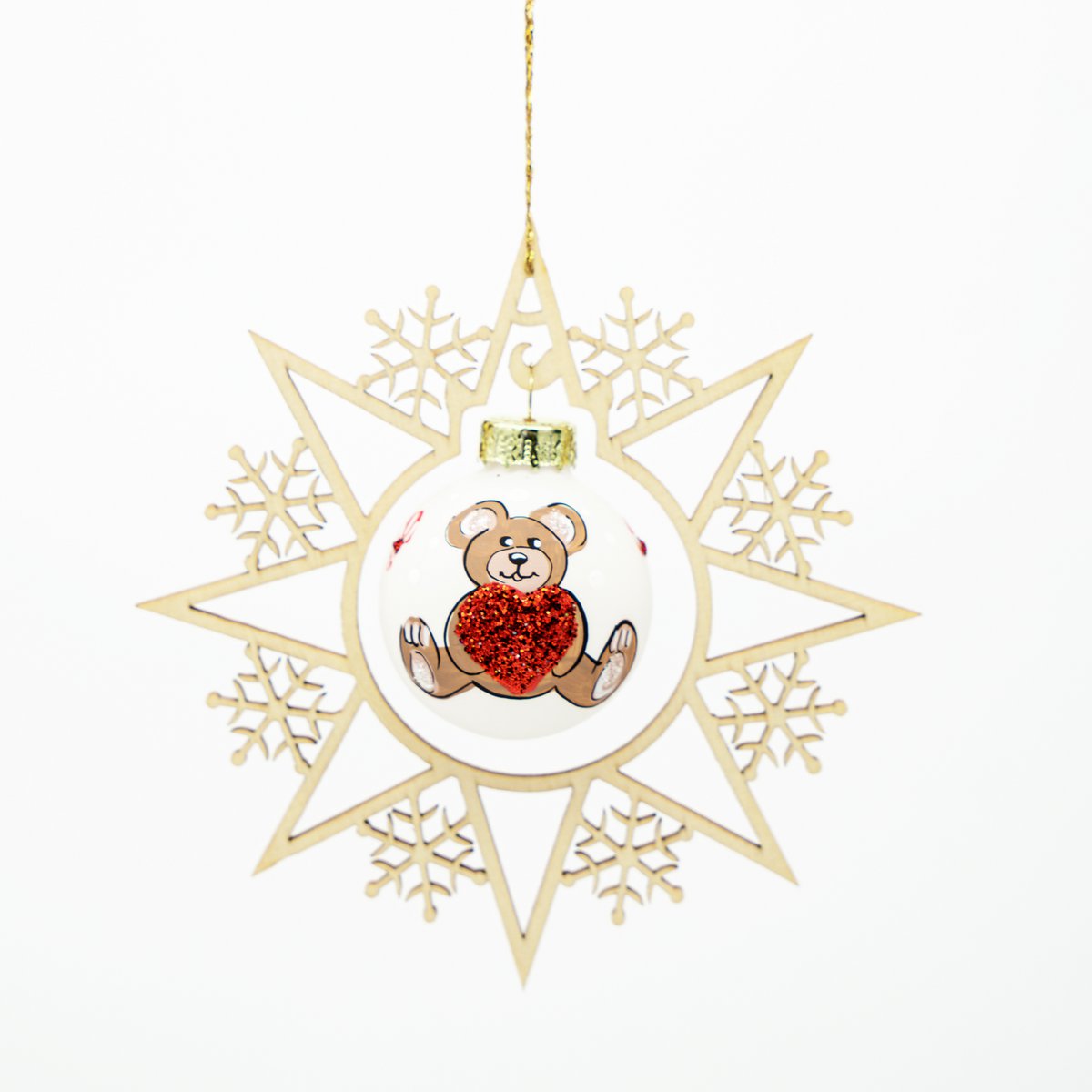 Wooden star and Christmas ball Teddy and heart