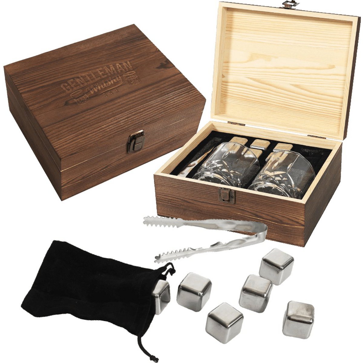 Ensemble cadeau de whisky de luxe - 21 x 9 x 18 cm - L'ensemble cadeau ultime pour le vrai passionné de whisky - Whisky Stones, Glass and Tang - Boîte cadeau en bois - Brown