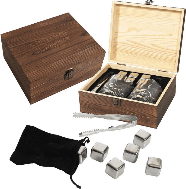 Ensemble cadeau de whisky de luxe - 21 x 9 x 18 cm - L'ensemble cadeau ultime pour le vrai passionné de whisky - Whisky Stones, Glass and Tang - Boîte cadeau en bois - Brown