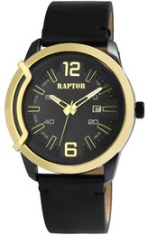 Raptor men's watch "Davian" with genuine leather strap, date display, black/gold-colored