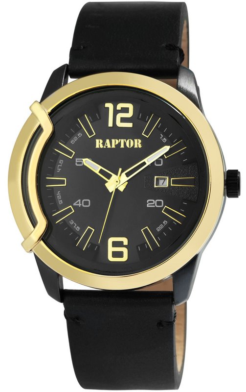 Raptor men's watch "Davian" with genuine leather strap, date display, black/gold-colored