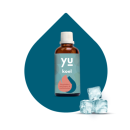 YU Koel is a liquid supplement in a glass bottle with a white cap. The bottle has a teal and pink label with the brand name "YU" and the product name "Koel". The image also shows some ice cubes, suggesting the product may be intended to be consumed chilled.