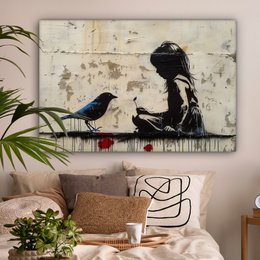 Canvas schilderij - Wanddecoratie Meisje - Street art - Vogel - Abstract - Graffiti - Modern - Muurdecoratie woonkamer - Kamer decoratie modern - Abstracte schilderijen