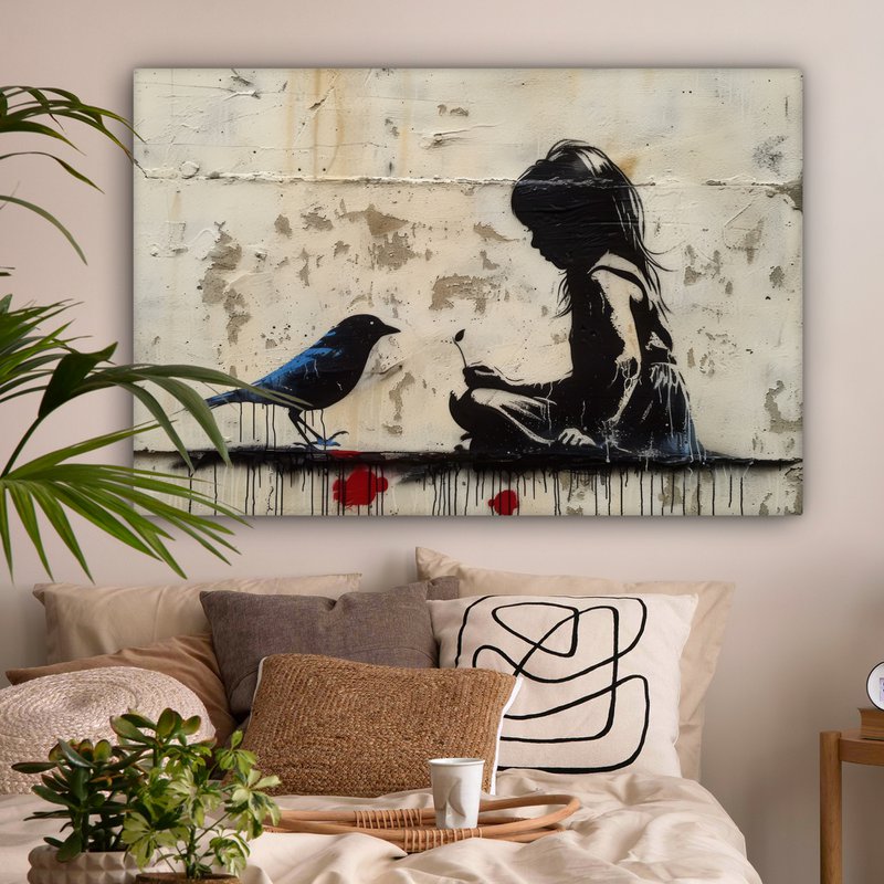 Canvas schilderij - Wanddecoratie Meisje - Street art - Vogel - Abstract - Graffiti - Modern - Muurdecoratie woonkamer - Kamer decoratie modern - Abstracte schilderijen