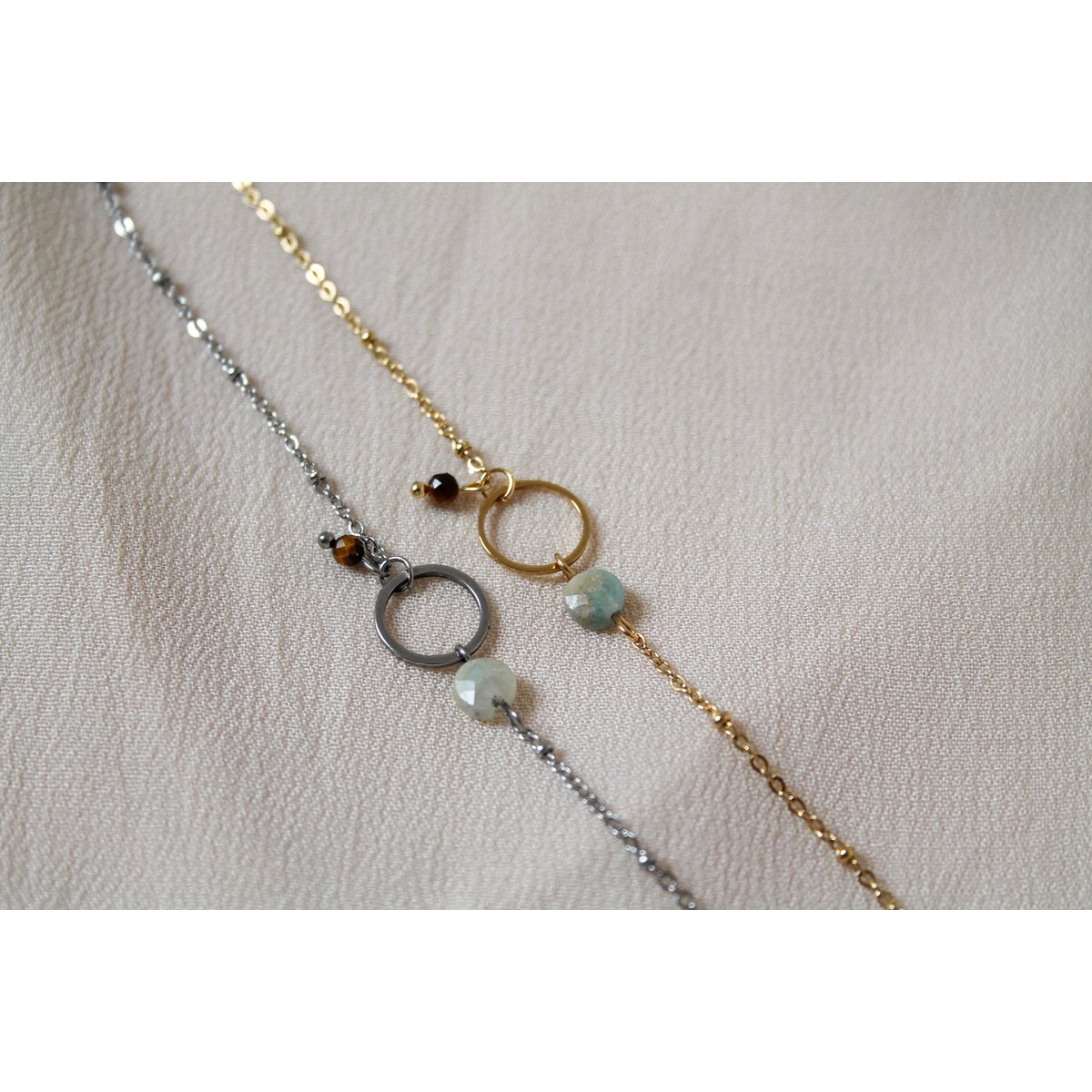 Pulsera Amazonita y Anillo Ojo de Tigre - Oro