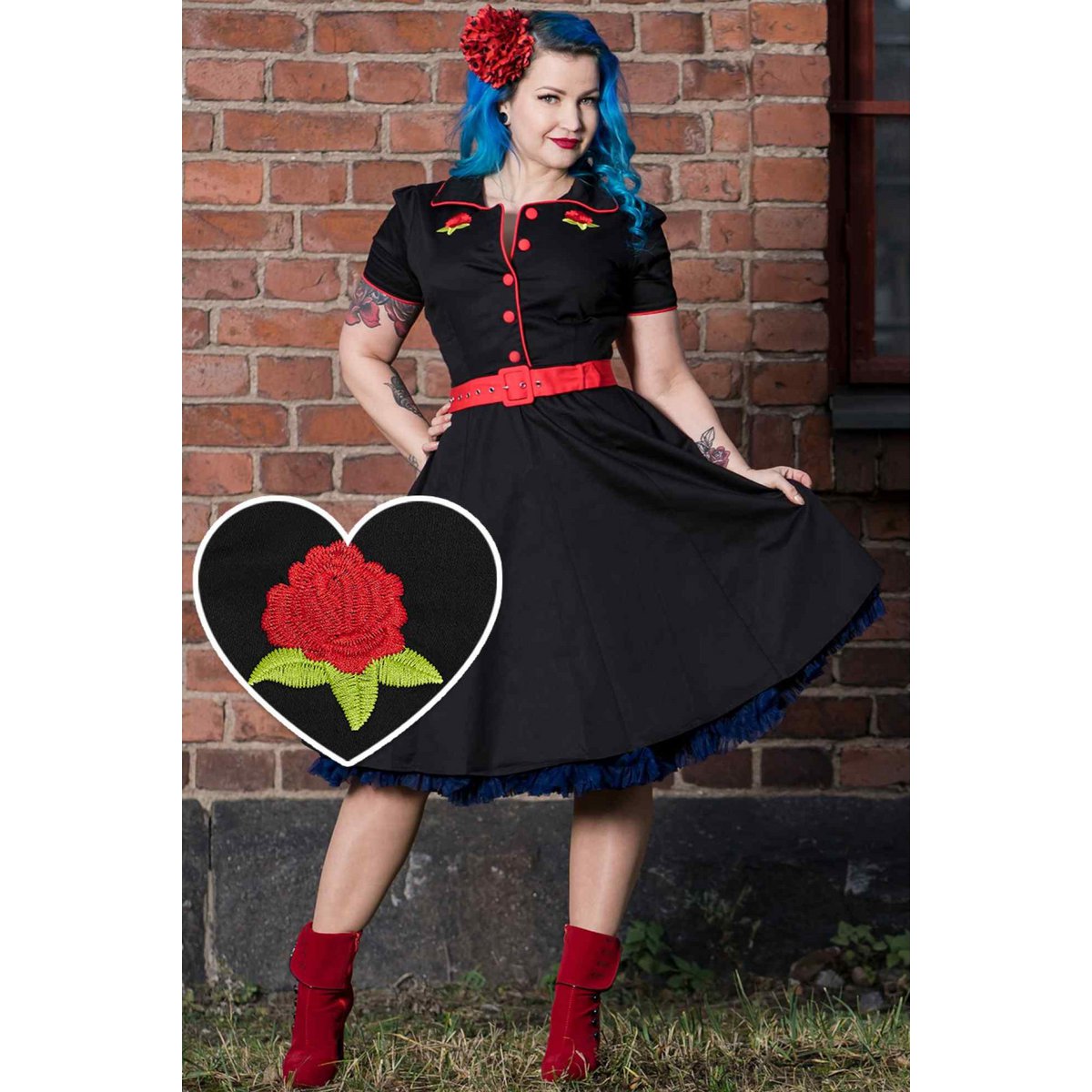EU Stock Sherry Rockabilly Diner kjole i sort/rød