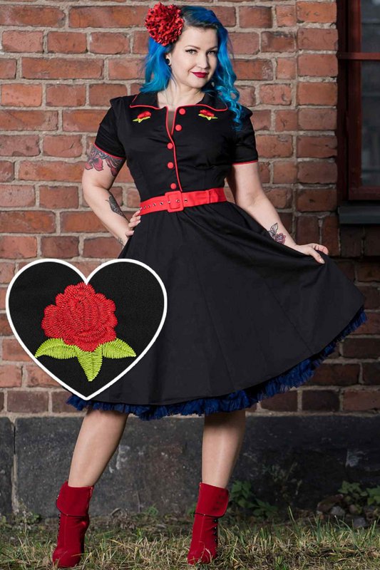 EU Stock Sherry Rockabilly Diner kjole i sort/rød