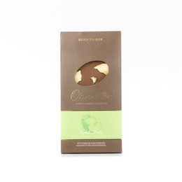 Milk chocolate bar with apple flavor, rectangular shape, brown packaging with gold accents.