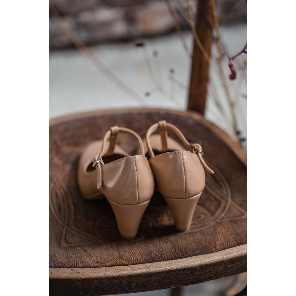 Handgemaakte Leren hakken (5,5 cm) - Astrid - Beige Vintage Schoenen 35-42