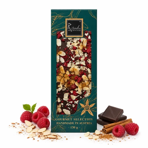 GOURMET dark chocolate - raspberries, almond, cinnamon 130g