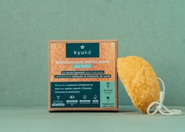 Organic Japanese konjac sponge with yuzu, a natural exfoliating and cleansing tool for skin care.