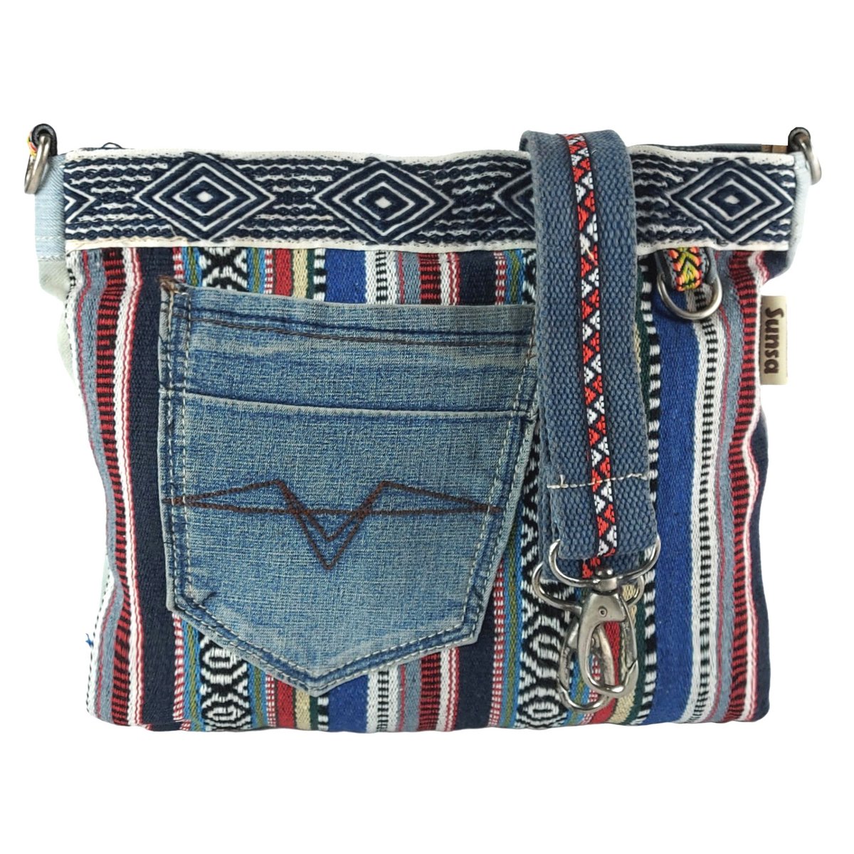Sunsa dames schoudertas. Schoudertas gemaakt van upcycled jeans en katoen. Handtas vintage retro-stijl. Crossbodytas voor dames.