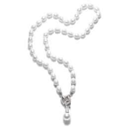 A silver necklace with a hooked pendant and pearl beads. The pendant features a detailed, intricate design with a textured, ornate appearance.